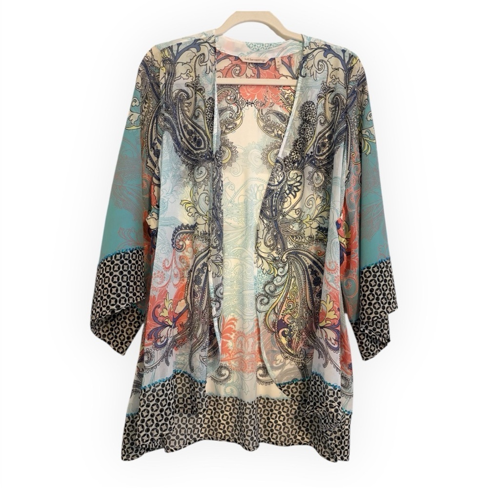 NWOT Soft Surroundings Coral and Blue Sheer Paisley Kimono Topper - Picture 2 of 10